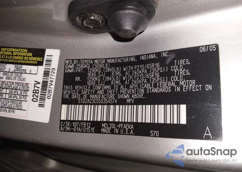 2005 Toyota Sienna Le z USA, uszkodzony, nr VIN 5TDZA23C55S354574